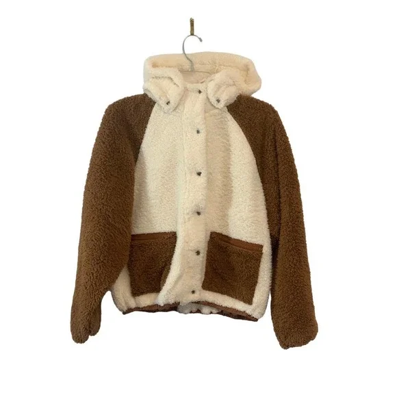 Plush X Revolve Women’s Cream Brown Sherpa Hooded Jacket NEW Size Small - Picture 1 of 10